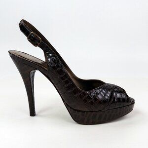 Stuart Weitzman Brown Patent Alligator Embossed Platform Peep Toe Sling Heels